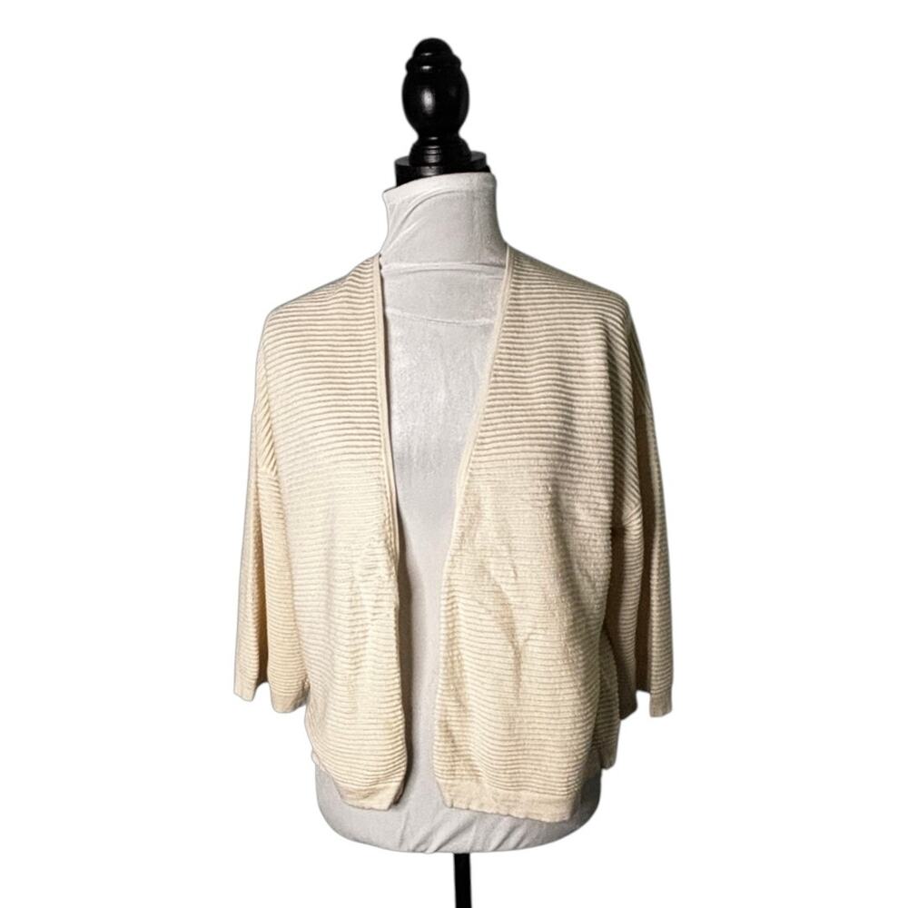 Neiman Marcus Silk Cashmere Ribbed Open Cardigan Sweater Cream Size Large